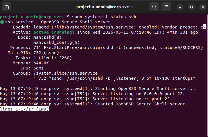 SSH service in project-x-corp-server is active.