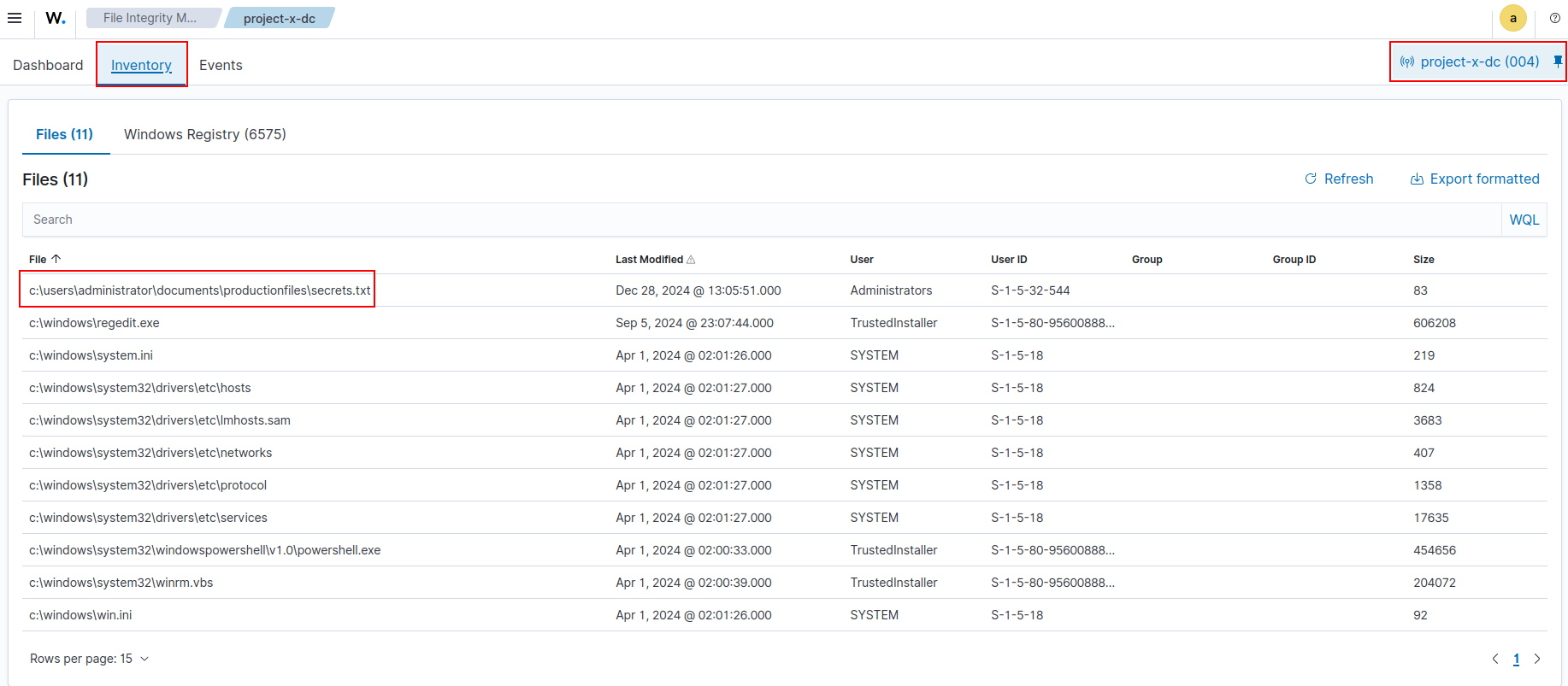 Wazuh Endpoint Security -> File Integrity Monitoring -> Inventory tab with project-x-dc selected, showing the secrets.txt file path appearing in the monitored file list.