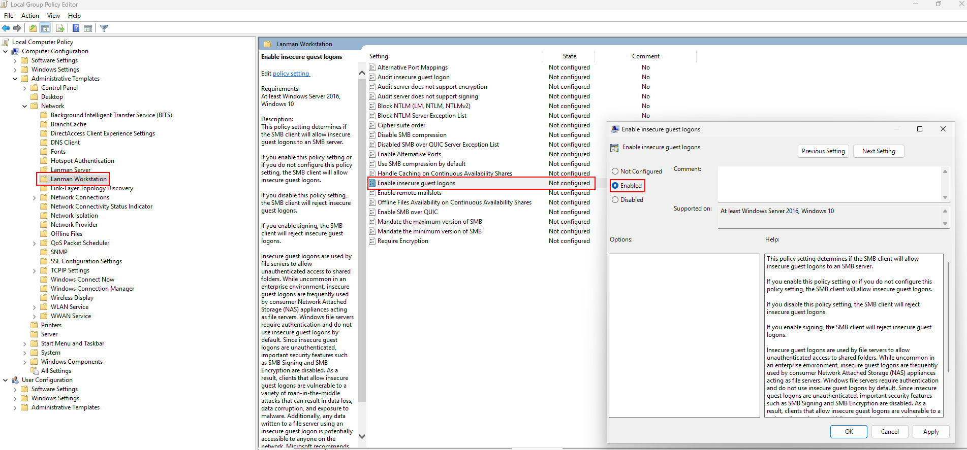 Group Policy Editor open on project-x-win-client showing the “Enable insecure guest logons” policy set to Enabled