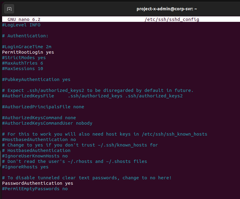 PasswordAuthentication yes and PermitRootLogin yes lines visible and uncommented in /etc/ssh/sshd_config, showing the deliberate weakening.