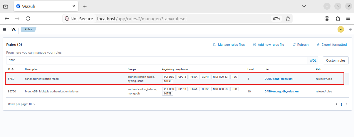 Rule ID 5760 searched and the rule detail showing the description “sshd: authentication failed” and its rule group.