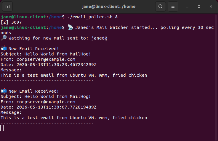 email_poller.sh script running in the background in project-x-linux-client, confirming that it is active.