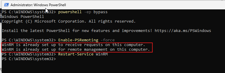 PowerShell window on project-x-win-client showing the output of Enable-PSRemoting -force and Restart-Service WinRM executing successfully — confirming WinRM is enabled.