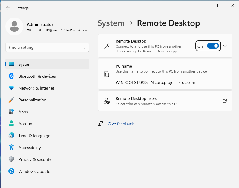 Windows Settings screen on project-x-dc showing the Remote Desktop is turned on