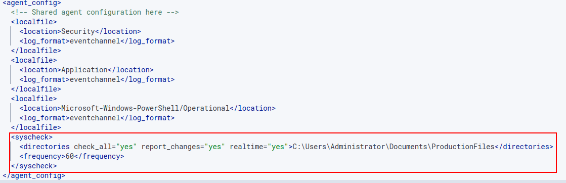 Wazuh agent.conf editor in the browser showing the <syscheck> block added at the bottom of the file, monitoring the ProductionFiles path.